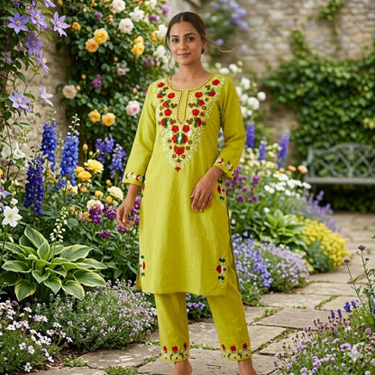 Cotton Kurti Pant Set with Aari Embroidery Work