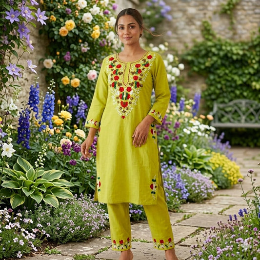 Cotton Kurti Pant Set with Aari Embroidery Work