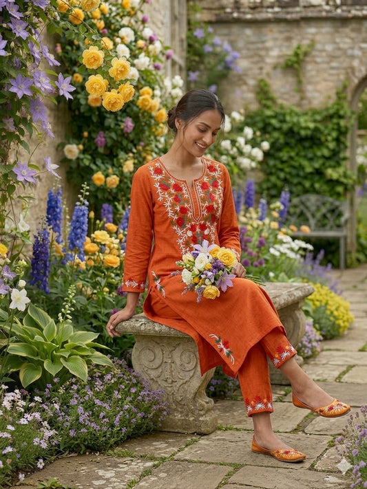 Cotton Kurti Pant Set with Aari Embroidery Work