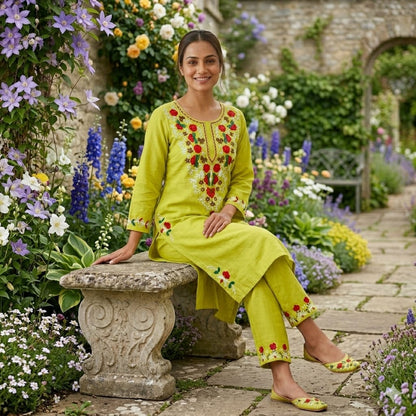 Cotton Kurti Pant Set with Aari Embroidery Work