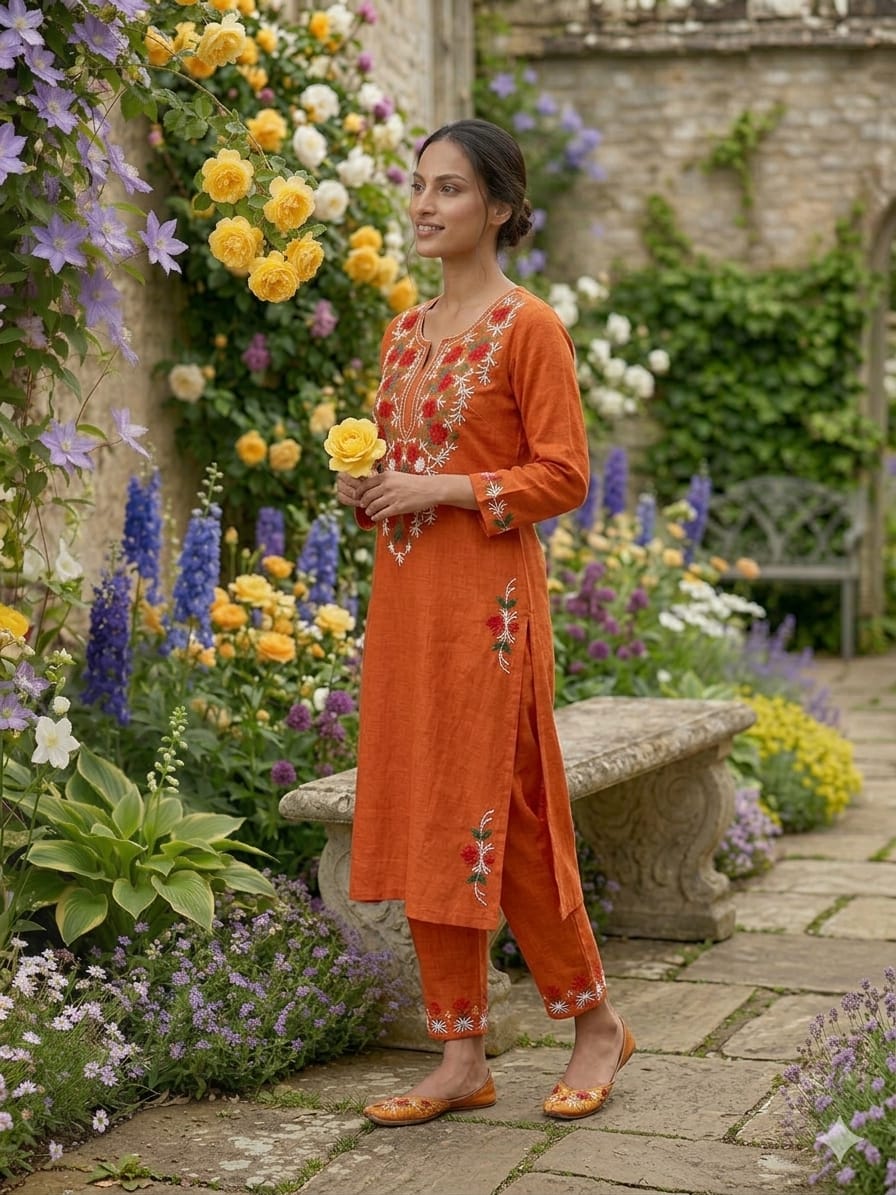 Cotton Kurti Pant Set with Aari Embroidery Work