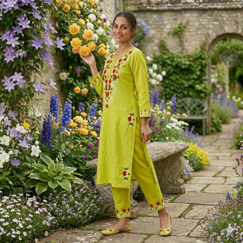 Cotton Kurti Pant Set with Aari Embroidery Work