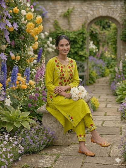 Cotton Kurti Pant Set with Aari Embroidery Work
