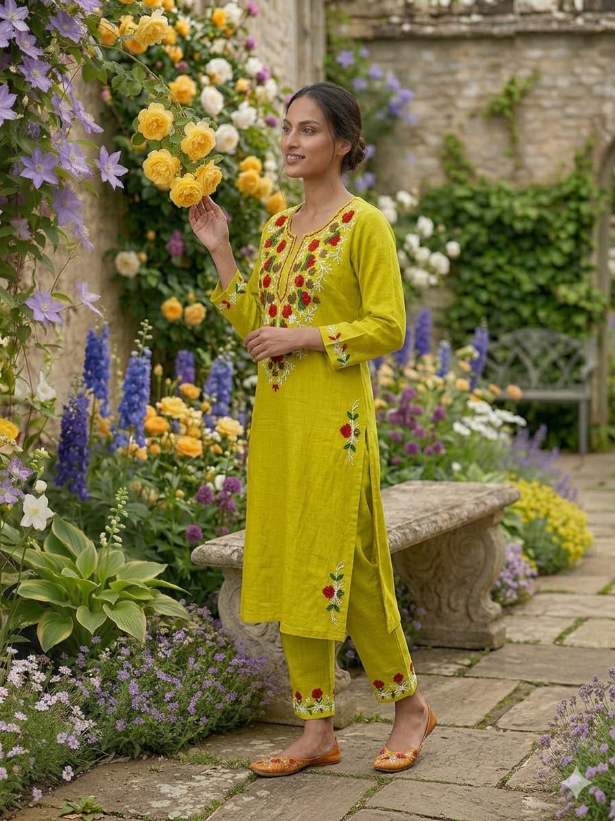 Cotton Kurti Pant Set with Aari Embroidery Work
