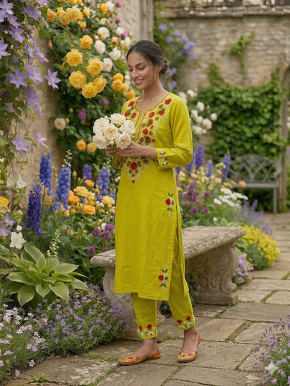 Cotton Kurti Pant Set with Aari Embroidery Work