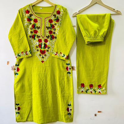 Cotton Kurti Pant Set with Aari Embroidery Work