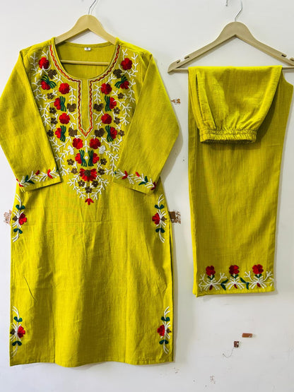 Cotton Kurti Pant Set with Aari Embroidery Work