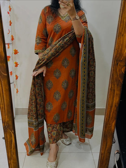 Cotton Kurti Pant Set with Cotton Dupatta for Women – Fully Stitched