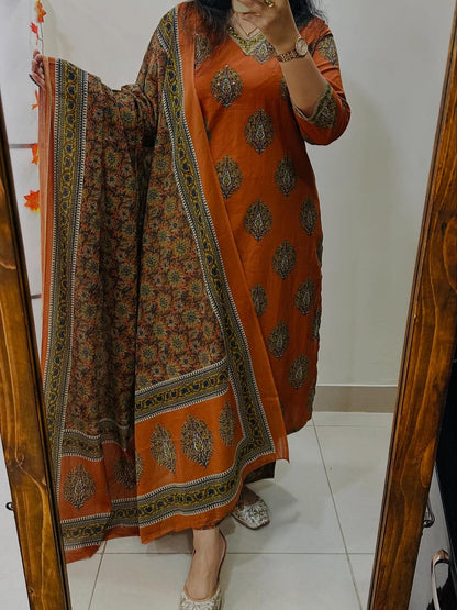 Cotton Kurti Pant Set with Cotton Dupatta for Women – Fully Stitched