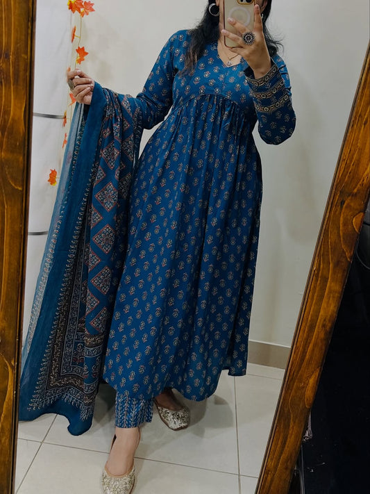 Cotton Kurti Pant Set with Dupatta for Women