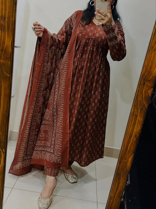Cotton Kurti Pant Set with Dupatta for Women