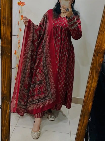 Cotton Kurti Pant Set with Dupatta for Women