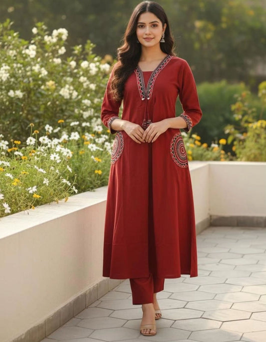Cotton Kurti Pant Set with Embroidered Pockets