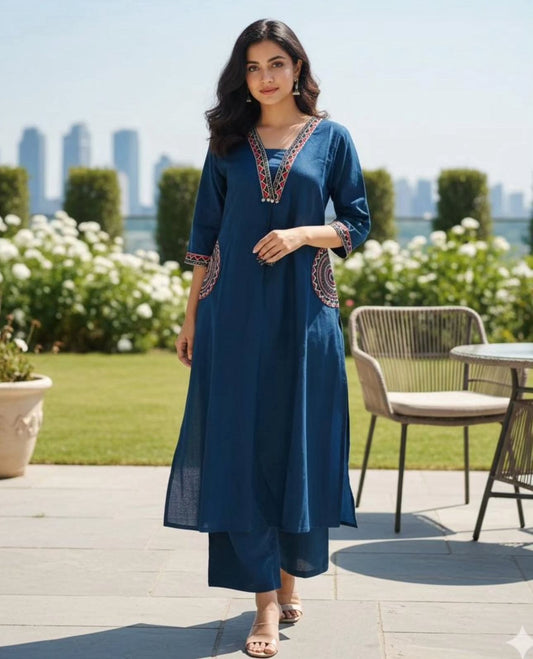 Cotton Kurti Pant Set with Embroidered Pockets