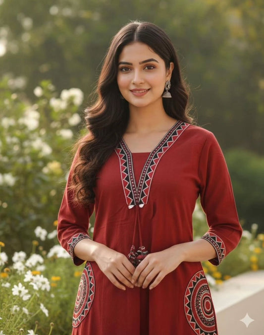 Cotton Kurti Pant Set with Embroidered Pockets