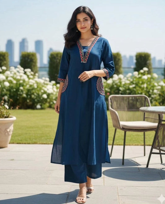 Cotton Kurti Pant Set with Embroidered Side Pockets