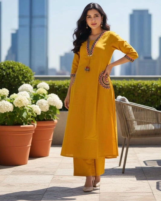 Cotton Kurti Pant Set with Embroidered Side Pockets