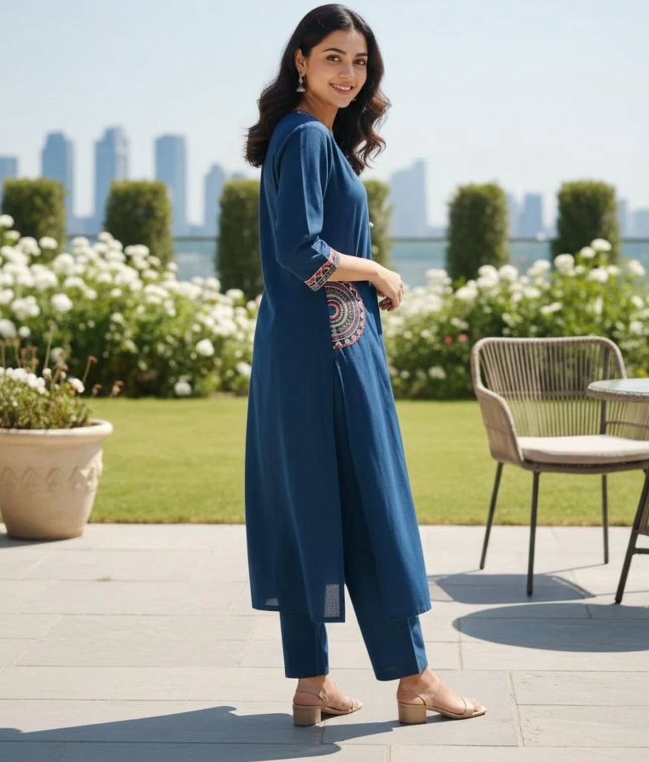 Cotton Kurti Pant Set with Embroidered Side Pockets