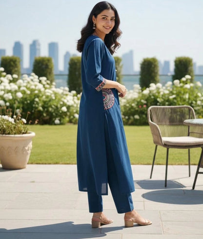 Cotton Kurti Pant Set with Embroidered Side Pockets