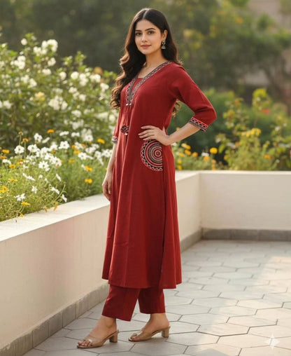 Cotton Kurti Pant Set with Embroidered Side Pockets
