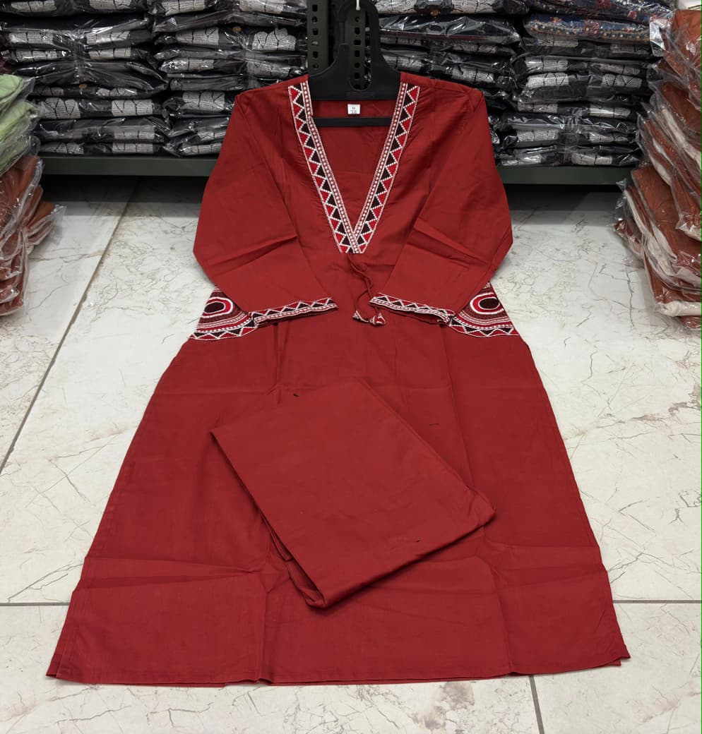 Cotton Kurti Pant Set with Embroidered Side Pockets