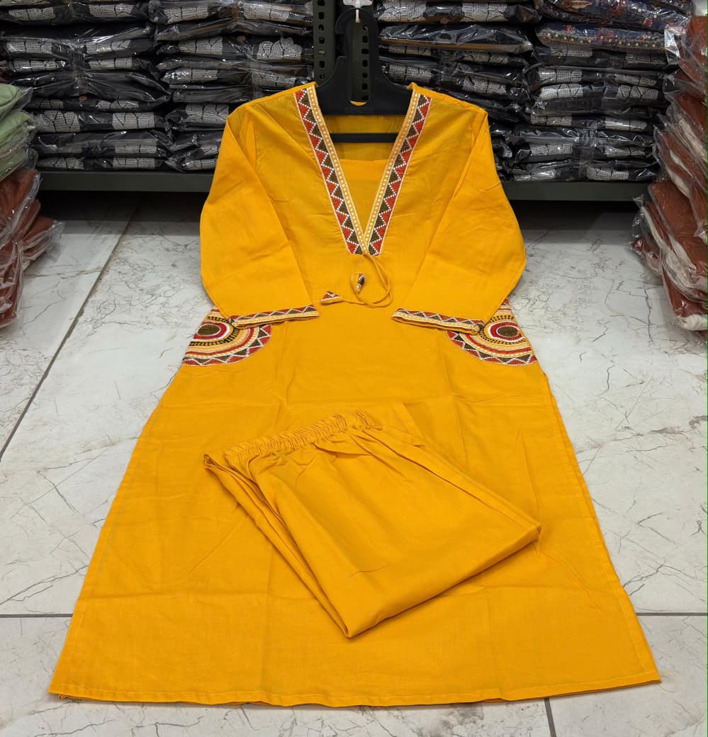Cotton Kurti Pant Set with Embroidered Side Pockets