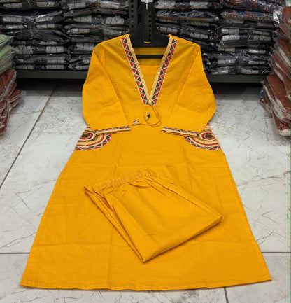 Cotton Kurti Pant Set with Embroidered Side Pockets