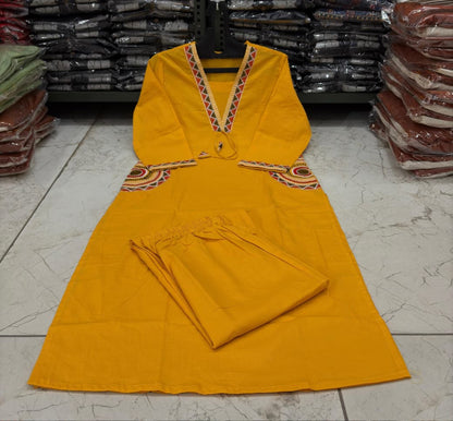 Cotton Kurti Pant Set with Embroidered Side Pockets