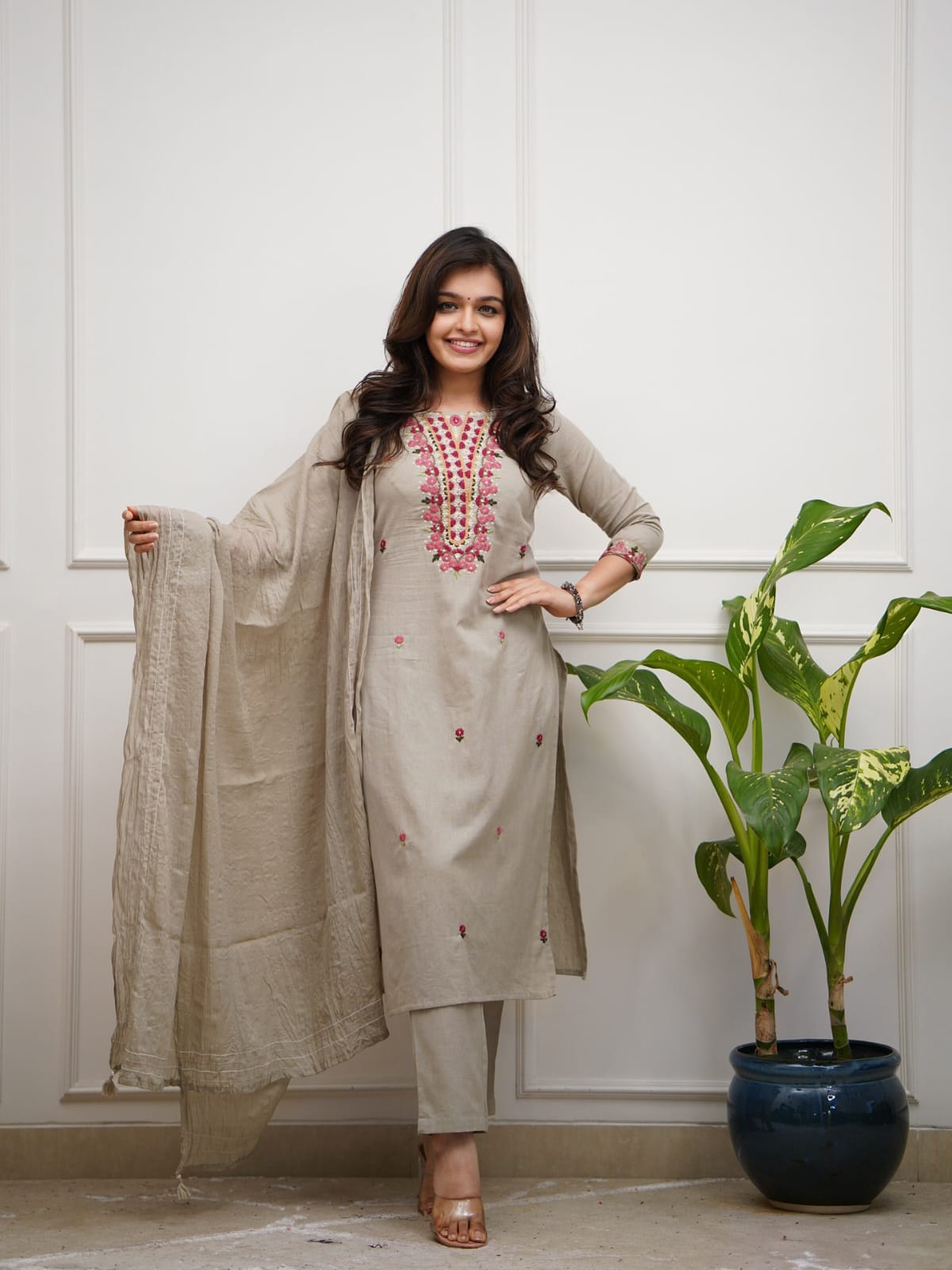 Cotton Kurti Pant Set with Malmal Dupatta