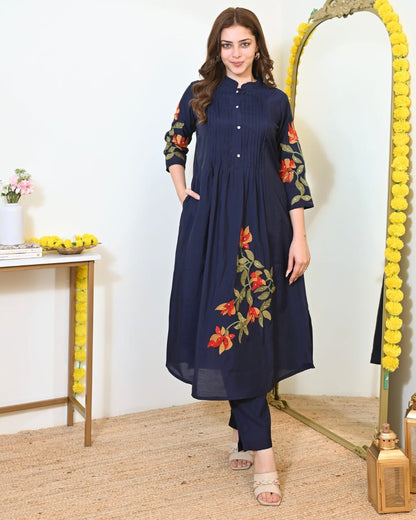 Cotton Kurti Pant Set with One Side Pocket & Embroidery Work