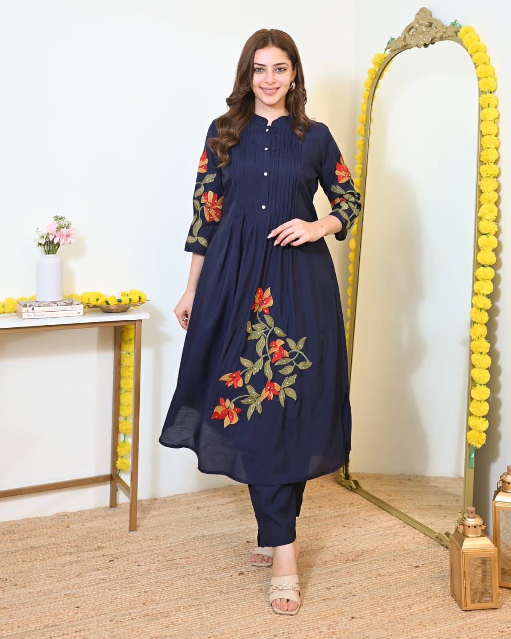 Cotton Kurti Pant Set with One Side Pocket & Embroidery Work