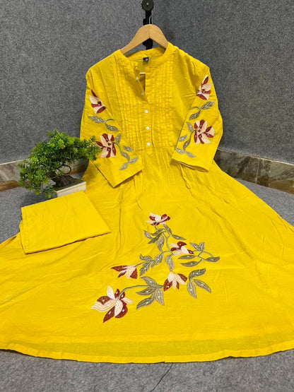 Cotton Kurti Pant Set with One Side Pocket & Embroidery Work