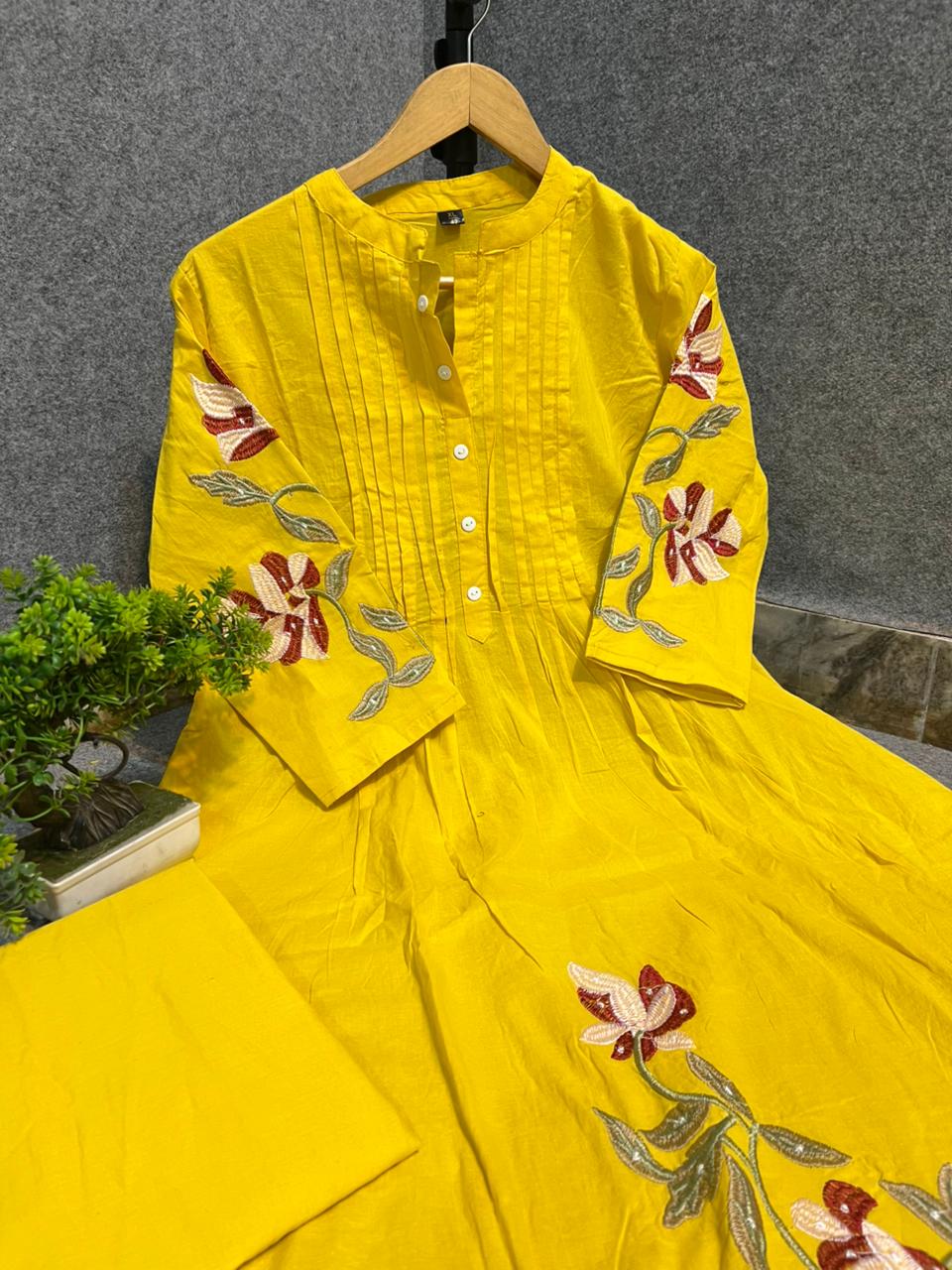 Cotton Kurti Pant Set with One Side Pocket & Embroidery Work