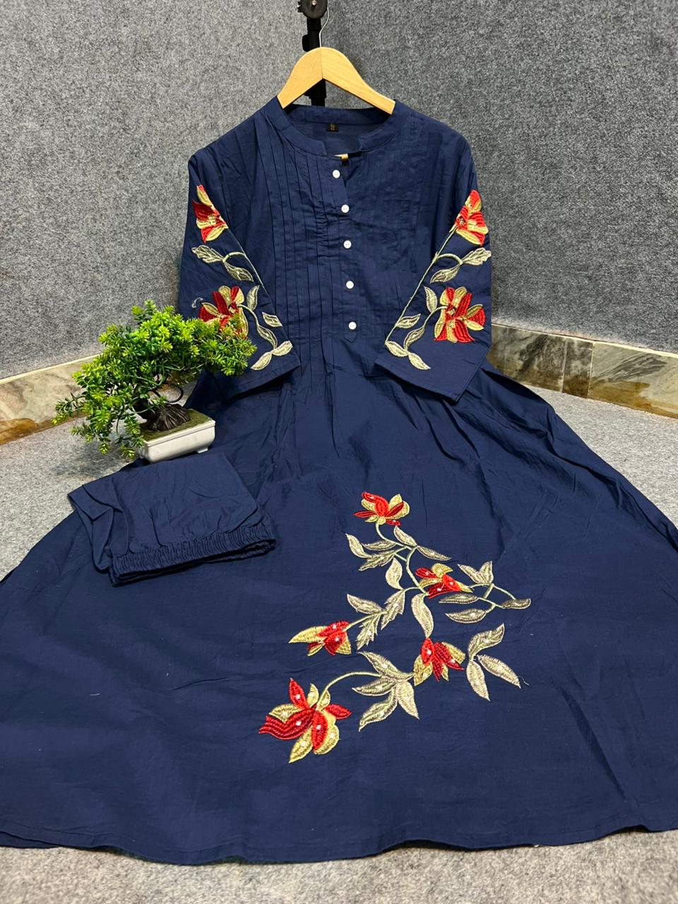 Cotton Kurti Pant Set with One Side Pocket & Embroidery Work
