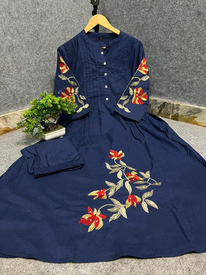 Cotton Kurti Pant Set with One Side Pocket & Embroidery Work