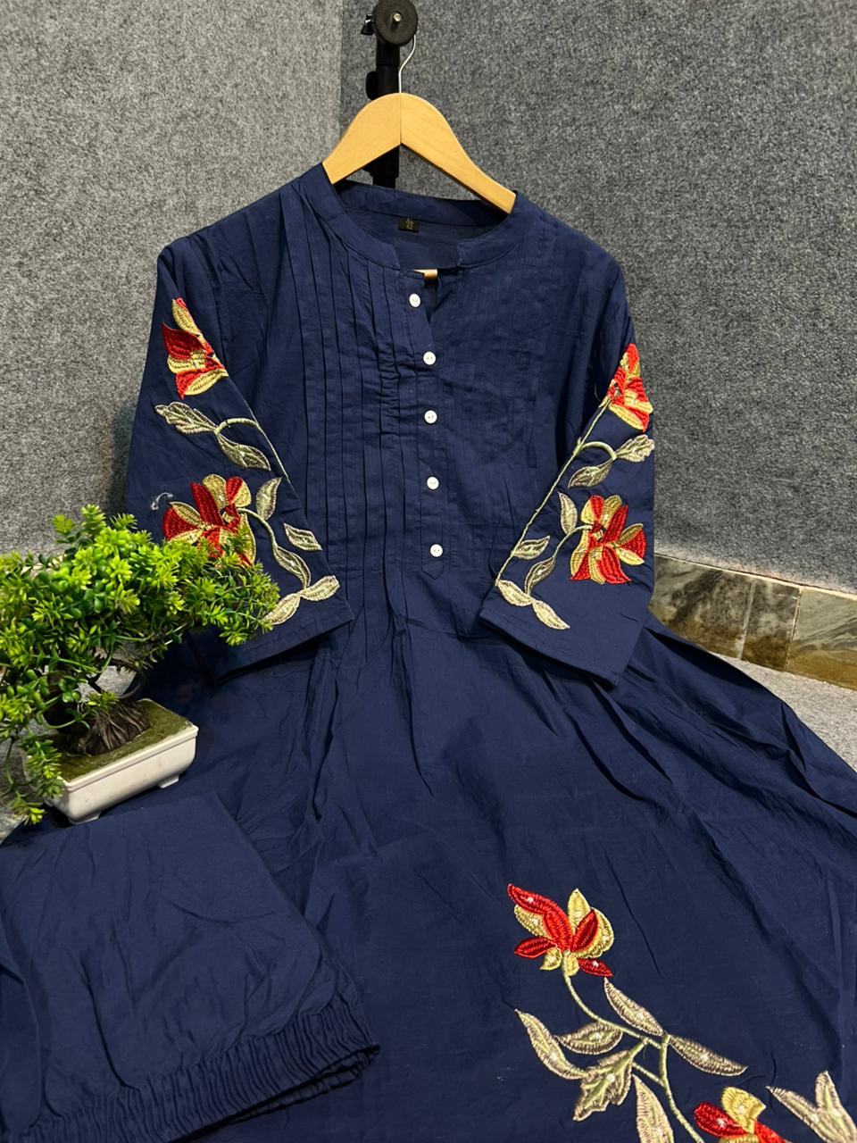 Cotton Kurti Pant Set with One Side Pocket & Embroidery Work