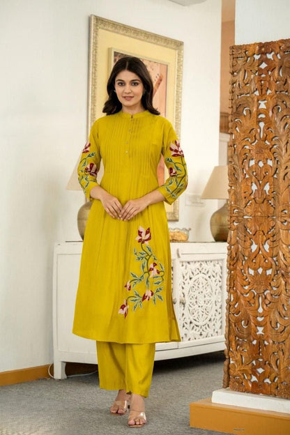 Cotton Kurti Pant Set with Pintex & Embroidery Work | One Side Pocket