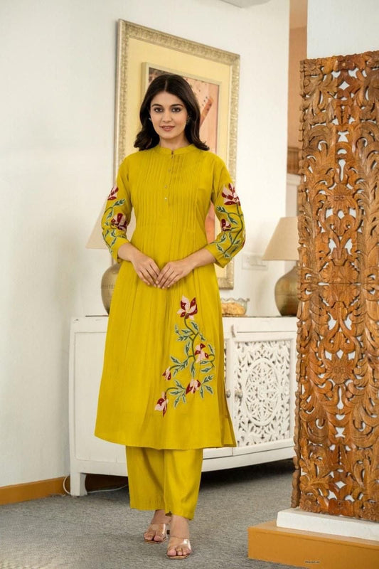 Cotton Kurti Pant Set with Pintex & Embroidery Work | One Side Pocket