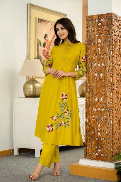 Cotton Kurti Pant Set with Pintex & Embroidery Work | One Side Pocket