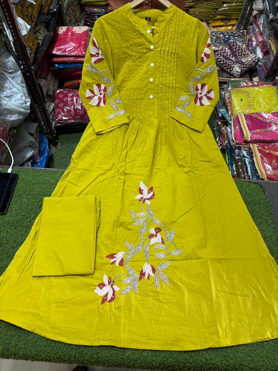 Cotton Kurti Pant Set with Pintex & Embroidery Work | One Side Pocket