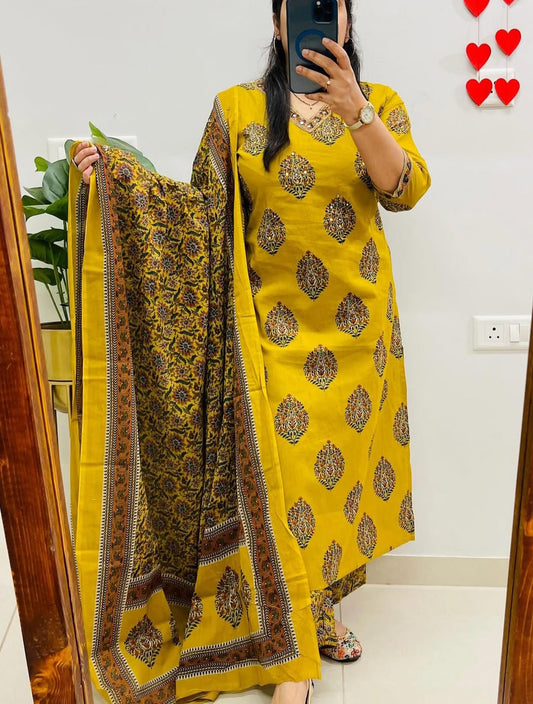 Cotton Kurti Pant Set with Sequence Work & Dupatta
