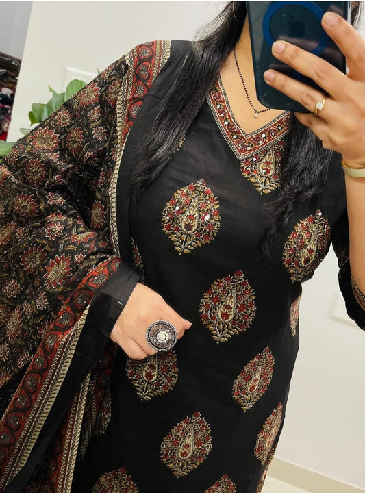 Cotton Kurti Pant Set with Sequence Work & Dupatta