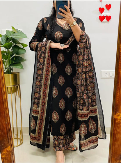 Cotton Kurti Pant Set with Sequence Work & Dupatta