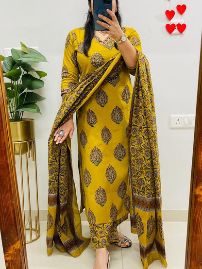 Cotton Kurti Pant Set with Sequence Work & Dupatta