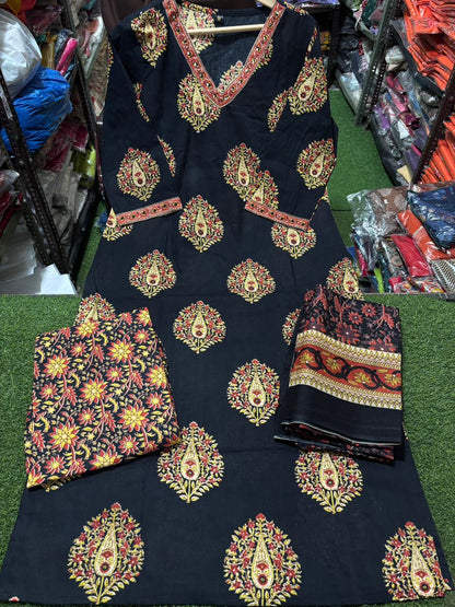 Cotton Kurti Pant Set with Sequence Work & Dupatta