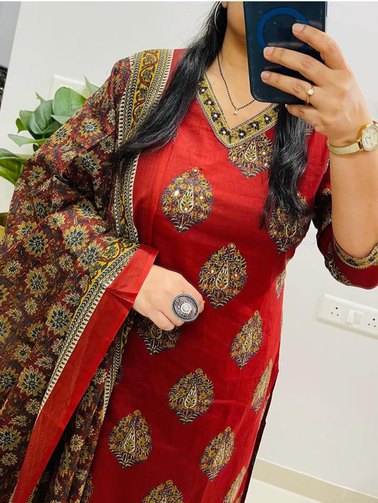 Cotton Kurti Pant Set with Sequin Work Dupatta for Women