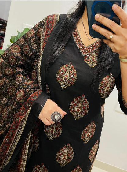Cotton Kurti Pant Set with Sequin Work Dupatta for Women