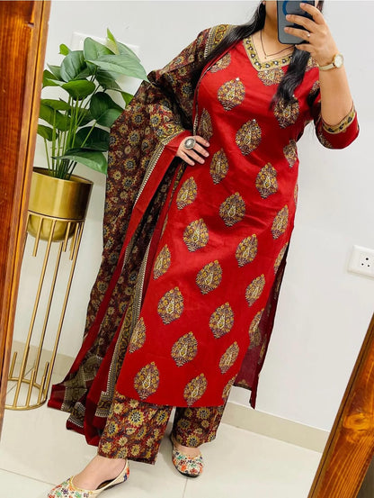 Cotton Kurti Pant Set with Sequin Work Dupatta for Women