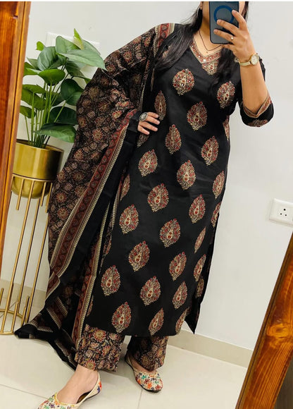 Cotton Kurti Pant Set with Sequin Work Dupatta for Women