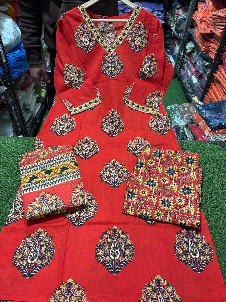 Cotton Kurti Pant Set with Sequin Work Dupatta for Women